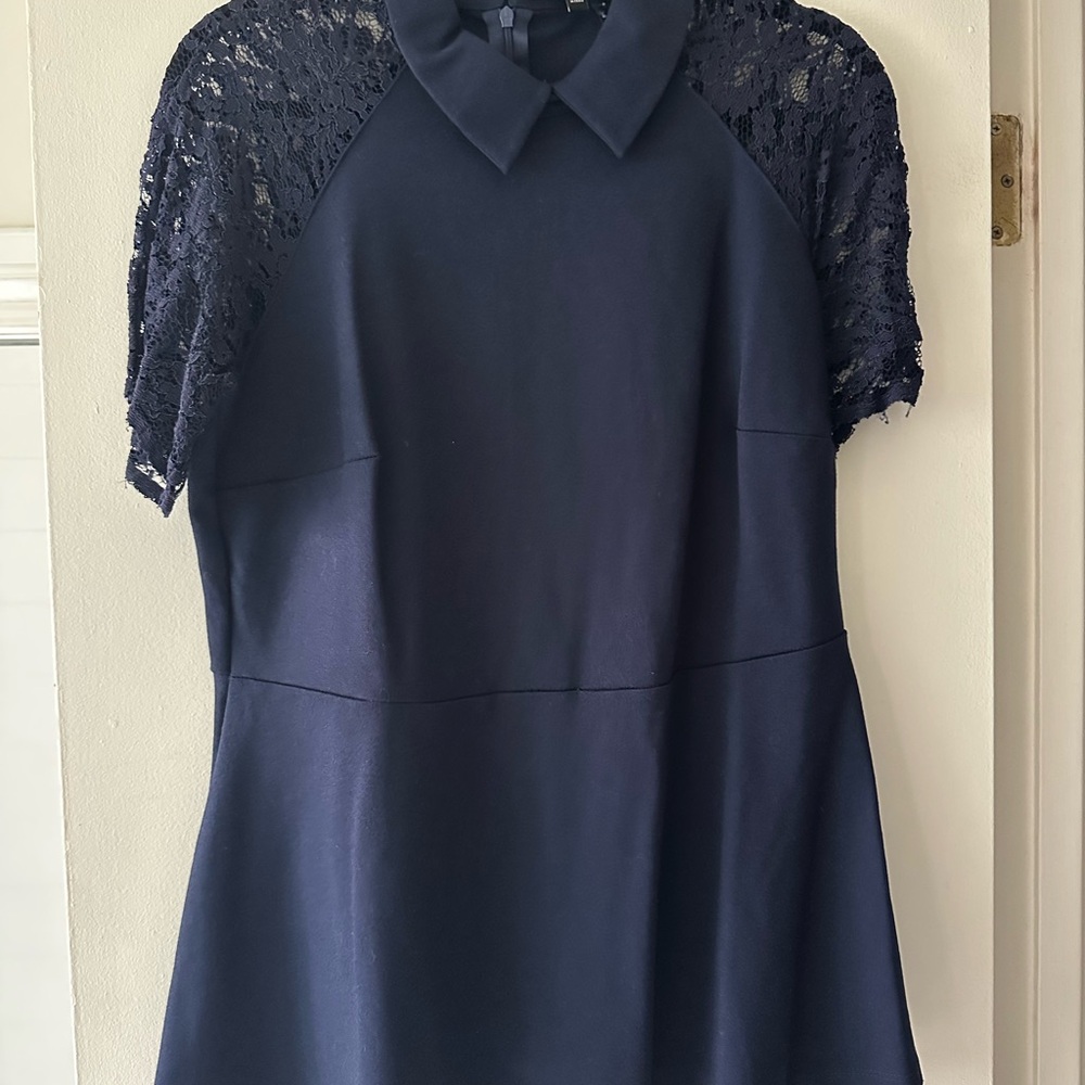 Eloquii Navy Blue Peplum Blouse with Peter Pan Collar and Lace Sleeves
